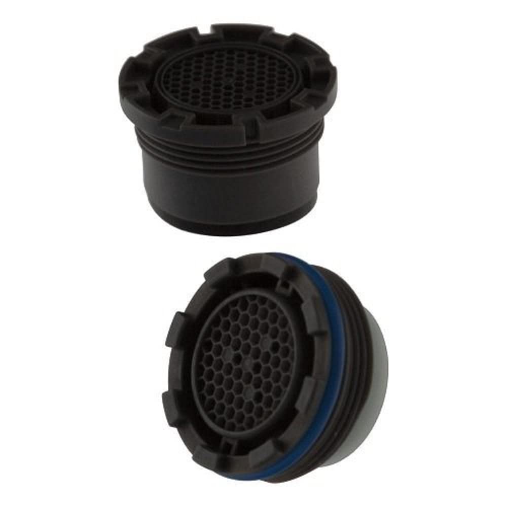 Black plastic Delta faucet aerator with threaded connection and perforated mesh screen shown in assembled and disassembled vi