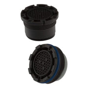 Black plastic Delta faucet aerator with threaded connection and perforated mesh screen shown in assembled and disassembled vi