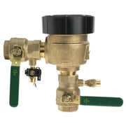 Bronze pressure vacuum breaker with 1-1/4 inch quarter turn ball valves and black cap.