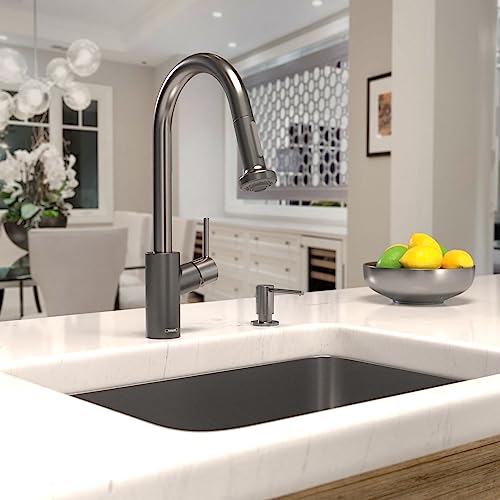 Brushed black chrome high-arc kitchen faucet with pull-down spray head installed over undermount sink.