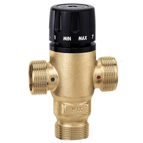 Brass mixing valve with black temperature control knob marked MIN to MAX and threaded ports on sides and bottom.