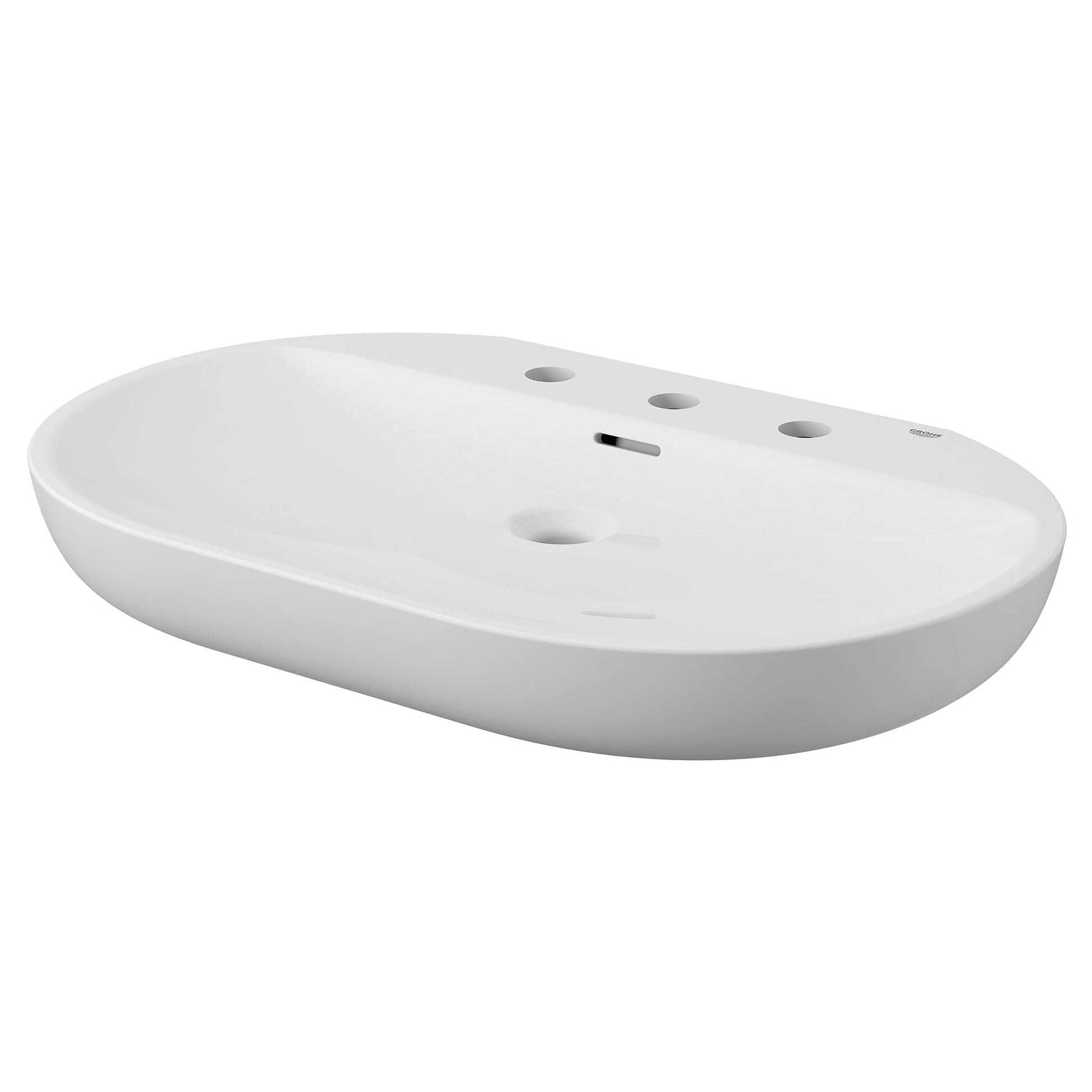 White oval wall-mount bathroom sink with three faucet holes and center drain opening.