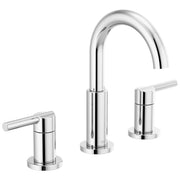 Chrome bathroom faucet with curved spout and two lever handles positioned on either side.