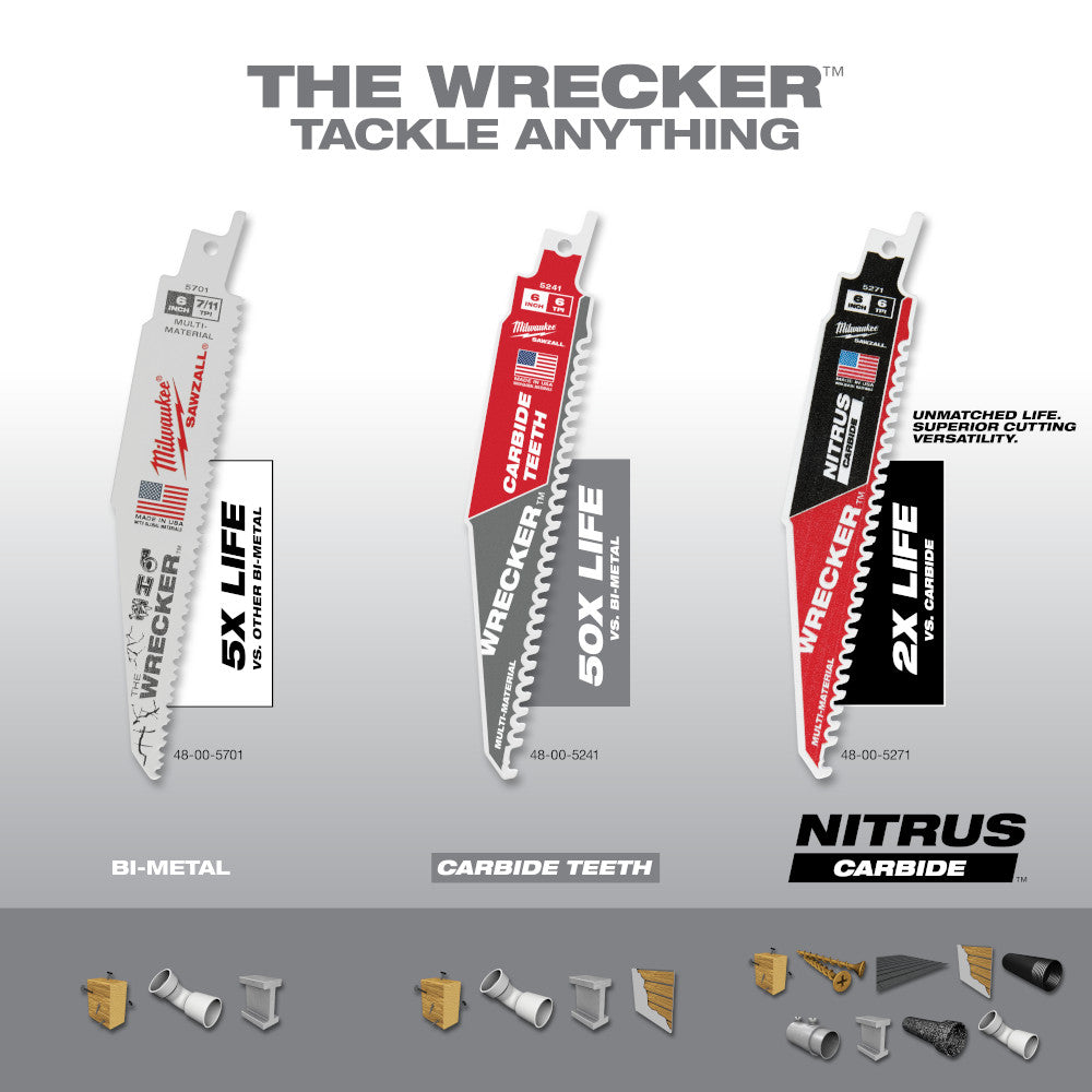 Three 6" reciprocating saw blades: bi-metal, carbide tooth, and nitrus carbide with accessories.