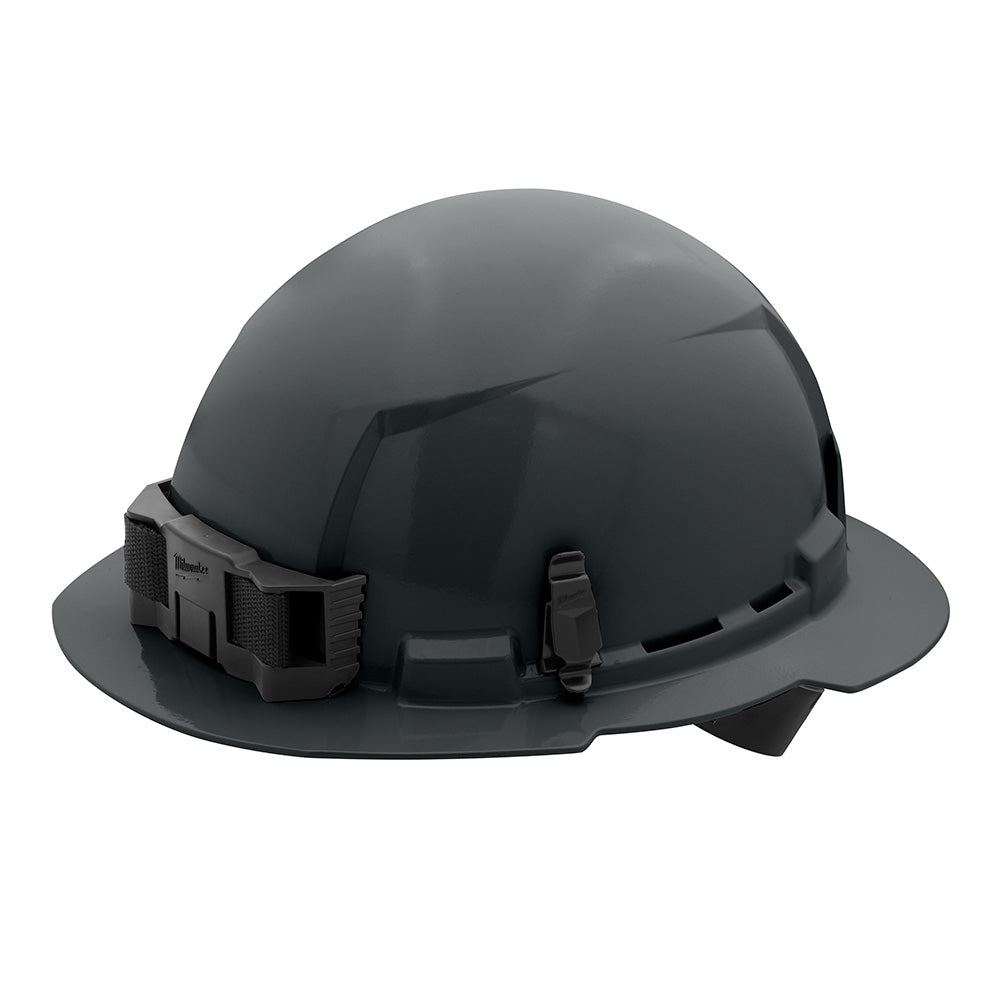 Gray full brim hard hat with ratcheting suspension and chin strap attachment points.