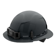 Gray full brim hard hat with ratcheting suspension and chin strap attachment points.
