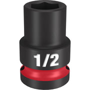 Black impact socket with 1/2" size marking and red grip band around base, six point interior opening.