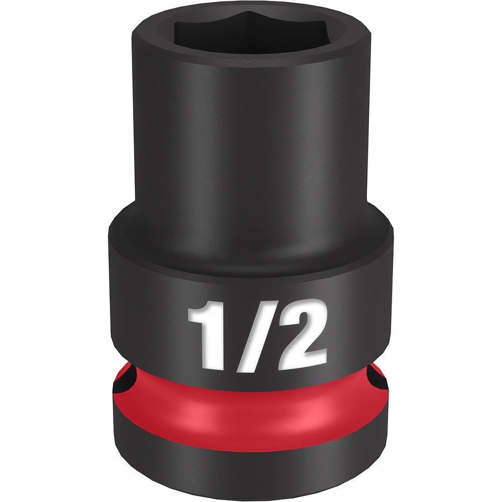 Black impact socket with 1/2" size marking and red grip band around base, six point interior opening.