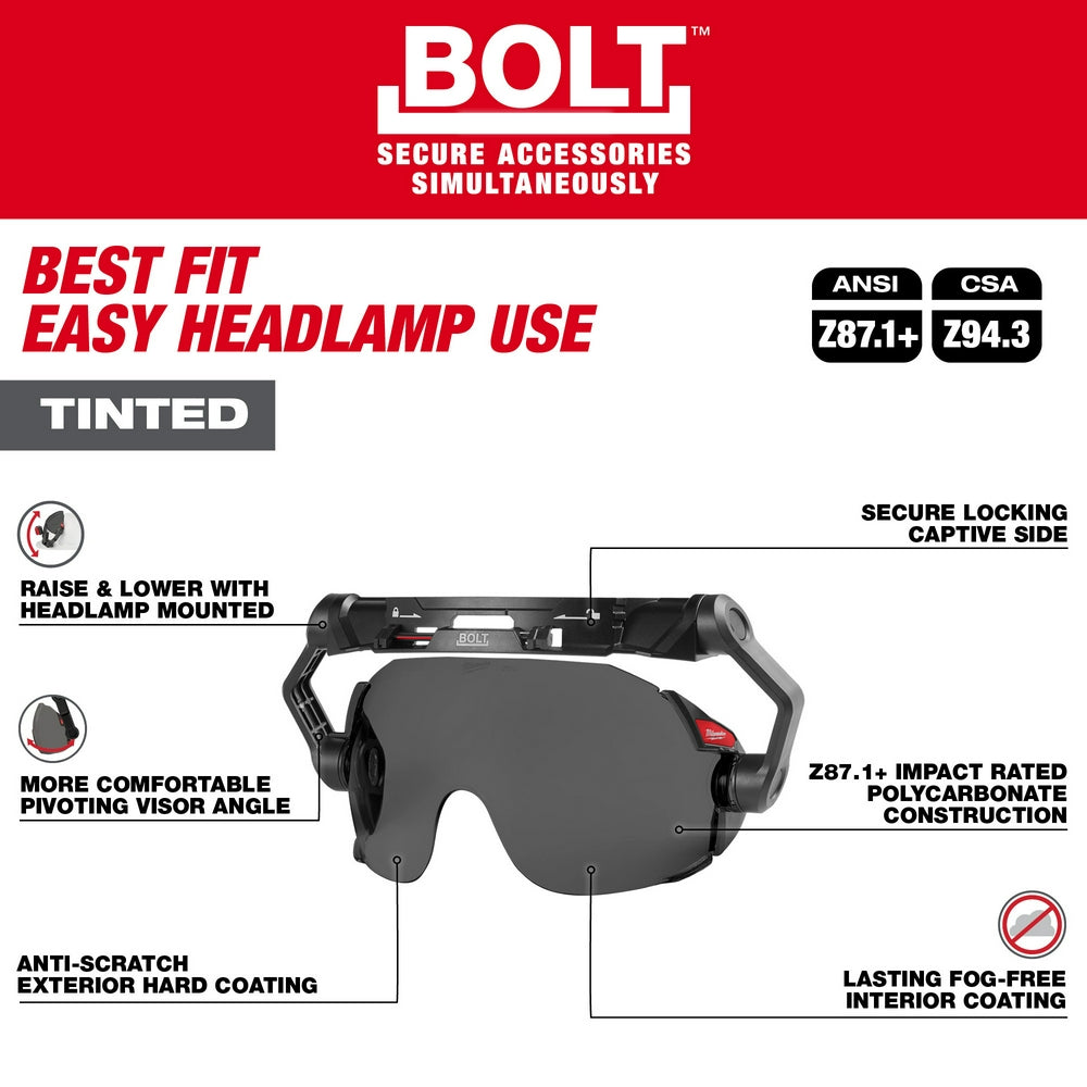 Tinted polycarbonate safety visor with black frame and dual-coat lens for helmet mounting.