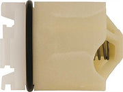 Tan plastic housing with black rubber seal and internal spring components for backflow preventer assembly.