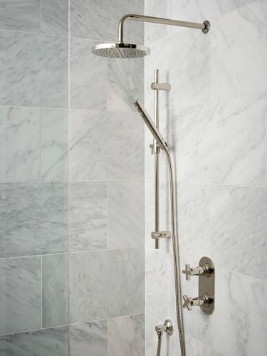 Unlacquered brass rain showerhead with 8-inch circular face mounted on wall above marble tile with matching hand shower and c