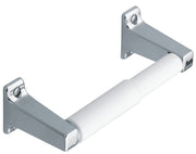 Wall-mounted toilet paper holder with chrome and gray brackets holding a white paper roll horizontally.