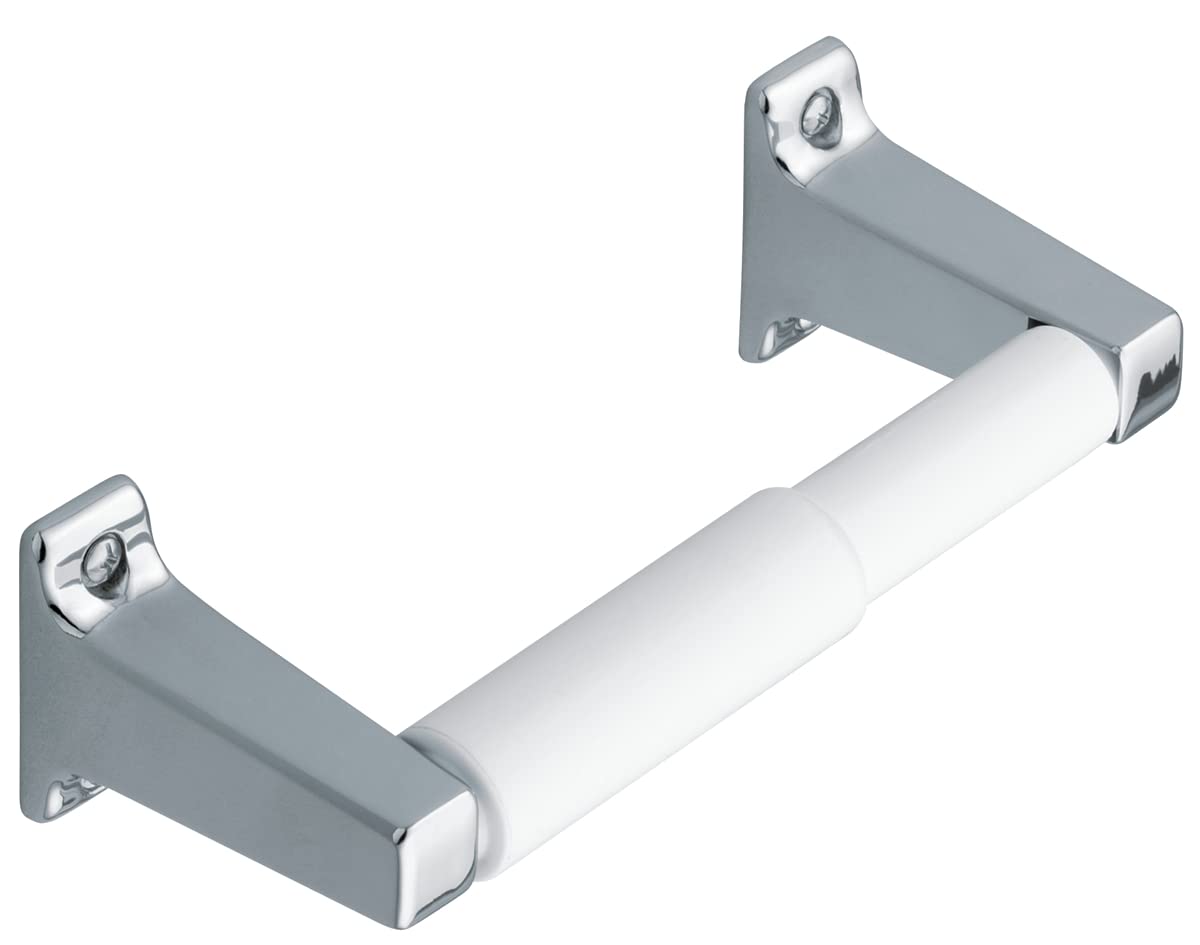 Wall-mounted toilet paper holder with chrome and gray brackets holding a white paper roll horizontally.
