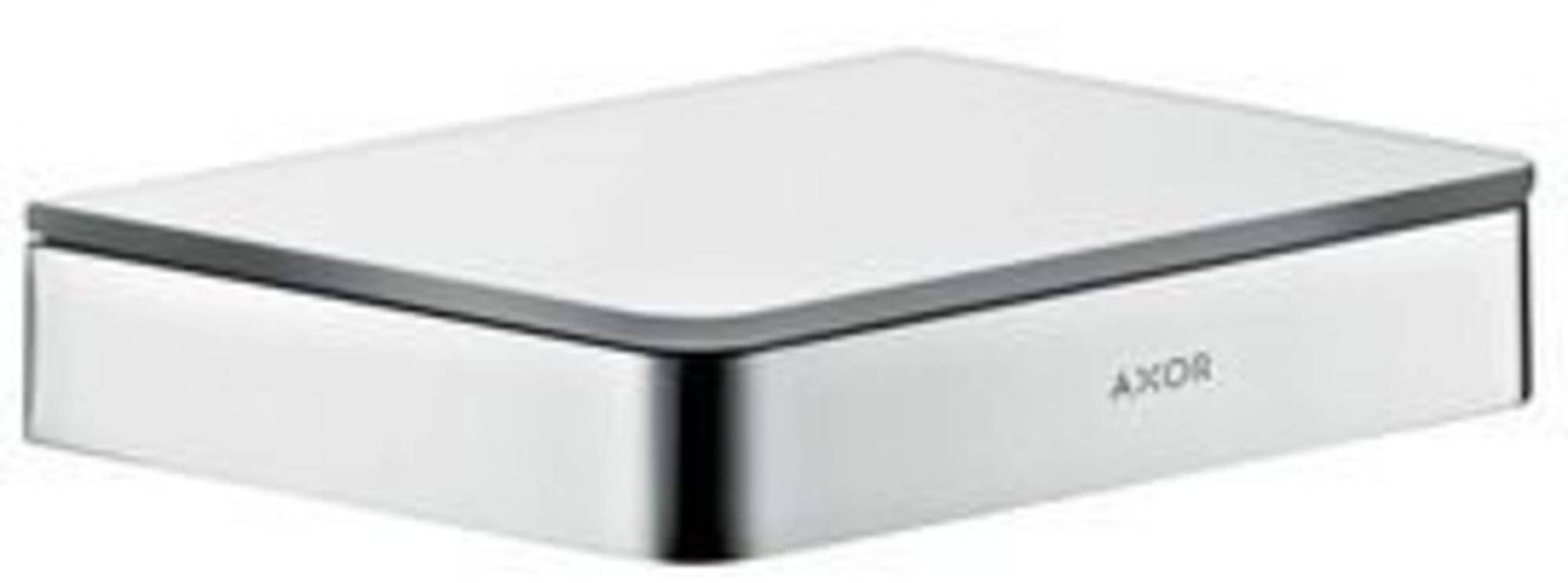 Chrome shelf with white base and dark trim, rectangular shape approximately 6 inches wide.