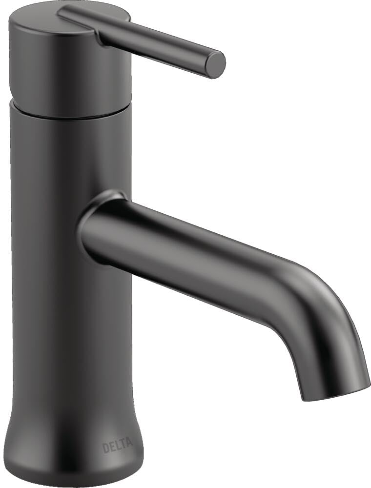 Matte black single-handle bathroom faucet with cylindrical body, curved spout, and lever handle on top.