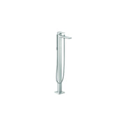 Chrome freestanding tub filler with tall spout, lever handle, and attached handshower with hose.
