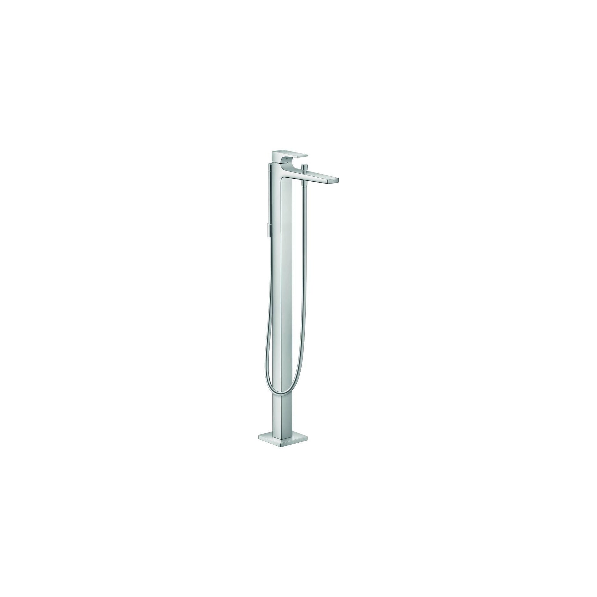 Chrome freestanding tub filler with tall spout, lever handle, and attached handshower with hose.