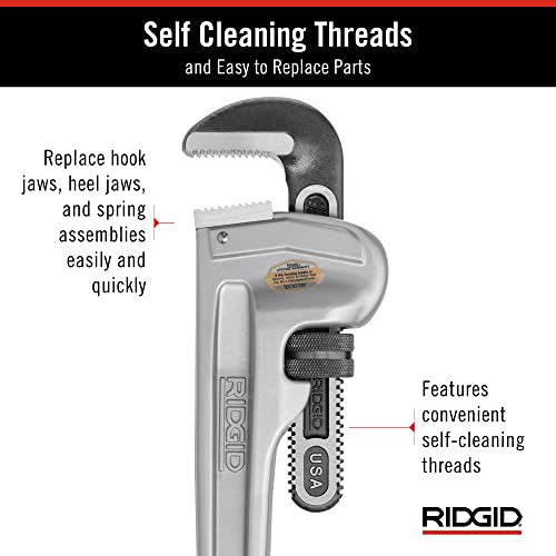 RIDGID 24 inch aluminum straight pipe wrench with self-cleaning threads and replaceable hook jaws.