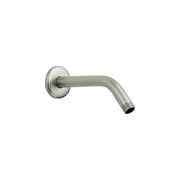Brushed nickel shower arm with curved angled design and wall-mounted circular flange.