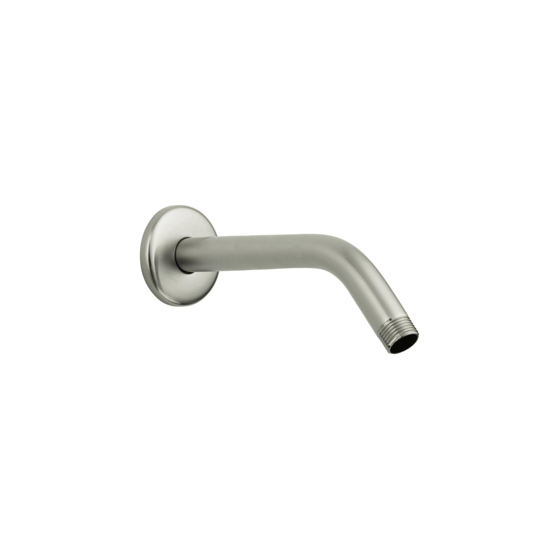 Brushed nickel shower arm with curved angled design and wall-mounted circular flange.