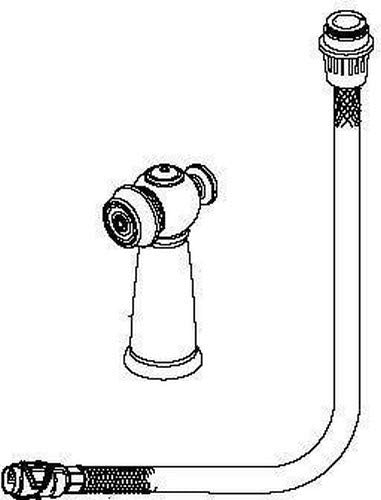 Chrome side spray head with curved hose and compression fitting connections for kitchen faucet installation.