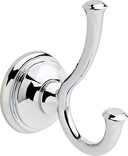 Chrome double robe hook with curved arms and circular wall mounting plate.