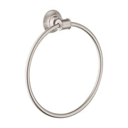 Brushed nickel circular towel ring with wall-mounted bracket and cylindrical connector.