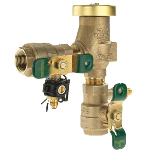 Brass pressure vacuum breaker with green quarter-turn handles, freeze sensor, and threaded ports for 3/4 inch installation.