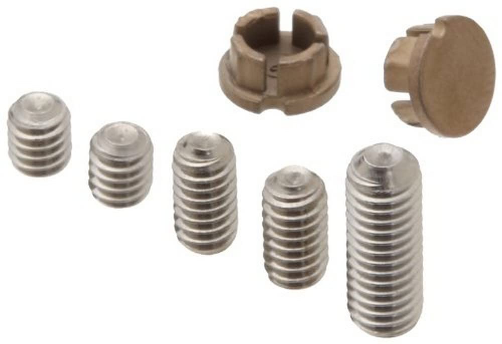 Multiple stainless steel set screws of varying sizes and two champagne bronze finished components including a slotted collar 