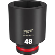 Black cylindrical 48MM deep socket with 6-point hexagonal opening, red grip band, and Milwaukee branding.