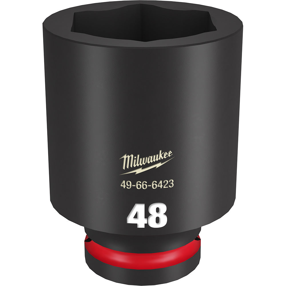 Black cylindrical 48MM deep socket with 6-point hexagonal opening, red grip band, and Milwaukee branding.