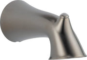Stainless steel tub spout with curved tapered design and rounded wall mount flange.
