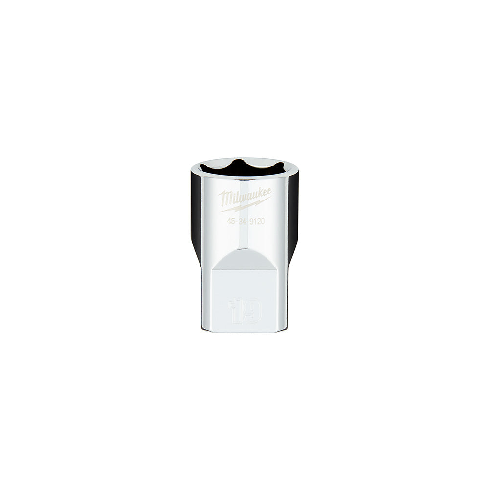 Milwaukee 1/2 in. drive 19MM metric 6-point socket with four flat sides and black grip band.
