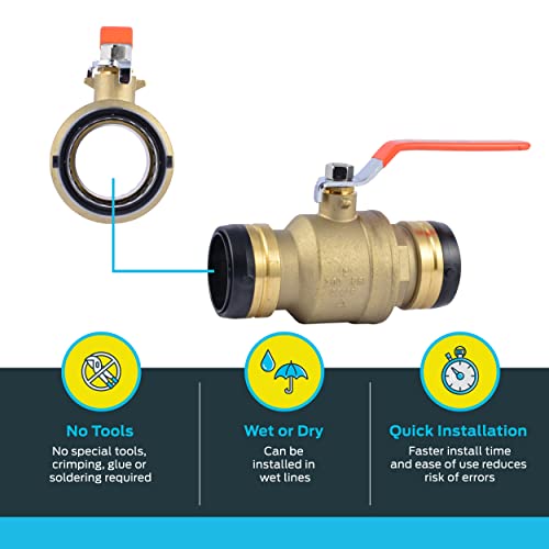 Brass push-to-connect ball valve with red lever handle and black grip rings on both ends.