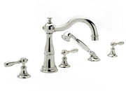 Polished chrome deck mount Roman tub filler with curved spout, handheld showerhead, and four lever handles.