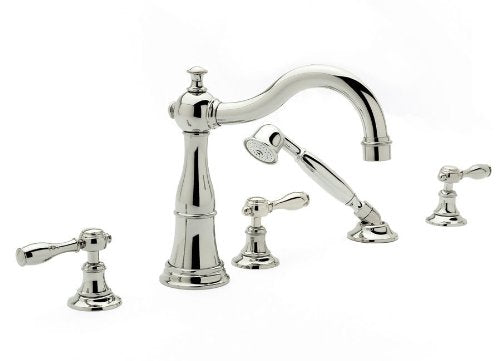 Polished chrome deck mount Roman tub filler with curved spout, handheld showerhead, and four lever handles.