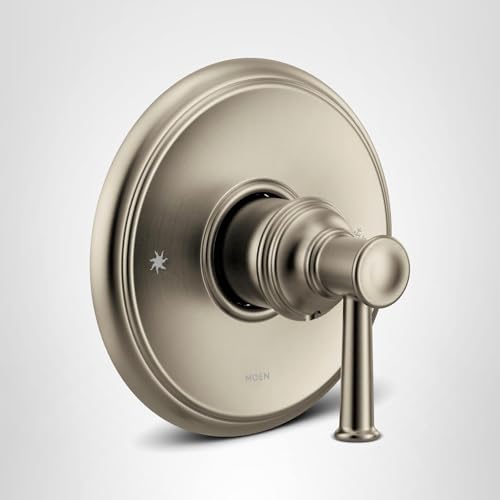 Brushed nickel single-handle valve trim kit with round escutcheon plate and lever handle.