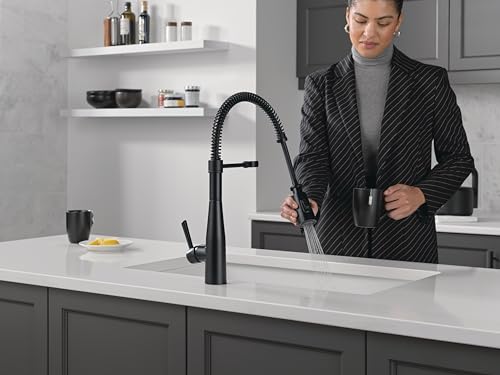 Matte black single-handle kitchen faucet with pull-down sprayer mounted on white countertop in modern kitchen.