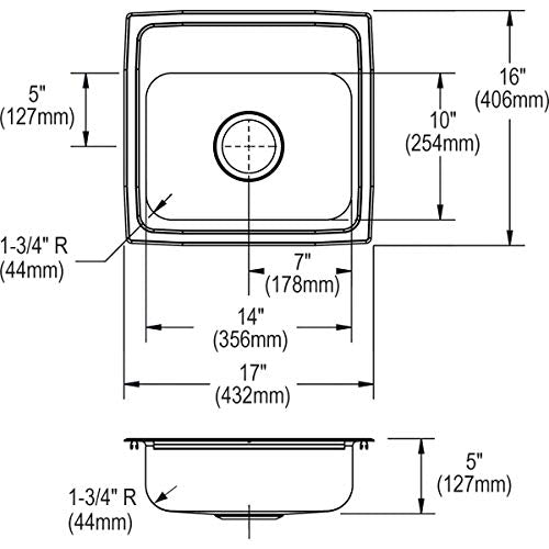 Stainless steel single bowl drop-in sink with rounded corners and three mounting holes, shown in top and side view with dimen