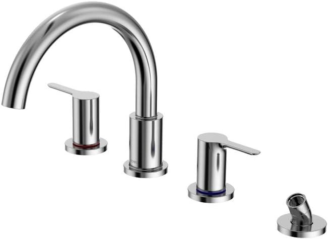 Polished chrome two-handle deck-mount roman tub filler with curved spout and detachable handshower.
