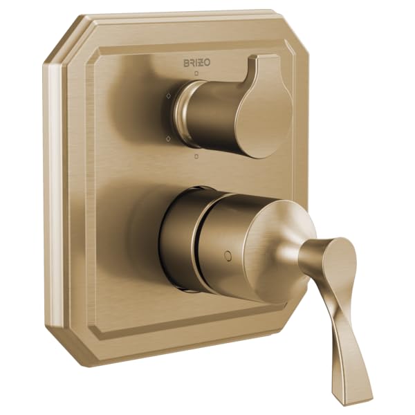 Brizo Virage brushed gold pressure balance valve trim with upper diverter control and lower lever handle on square escutcheon