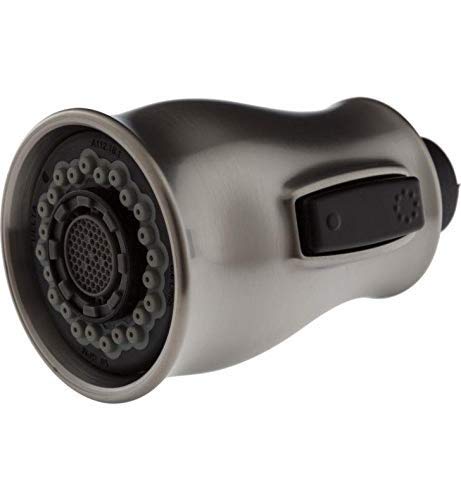Chrome pull-down kitchen faucet spray head with multiple spray settings and black grip handle.