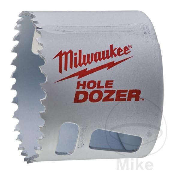 Milwaukee HOLE DOZER bi-metal hole saw with serrated cutting edge and Milwaukee branding on silver cylindrical body.