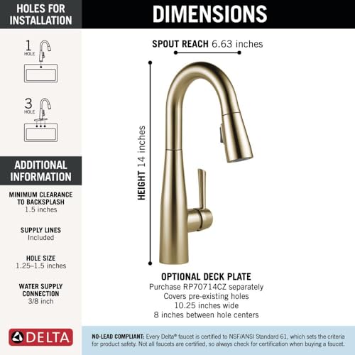 Delta Essa champagne bronze single handle pull-down kitchen faucet with 6.63 inch spout reach and 14 inch height.