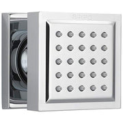 Square white body spray with 25 small circular nozzles and internal components visible through side panel.