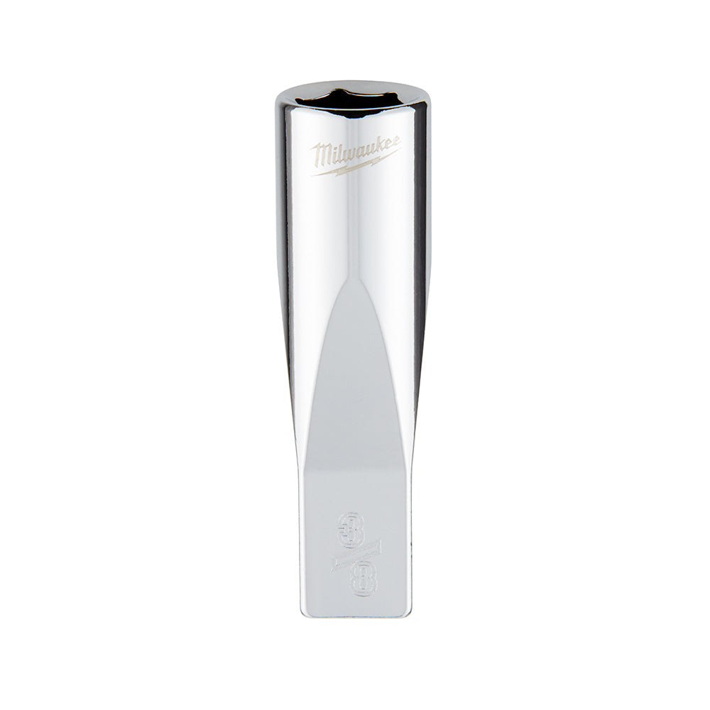 Chrome deep socket with hexagonal drive opening and Milwaukee branding on cylindrical body.