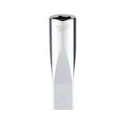Chrome deep socket with hexagonal drive opening and Milwaukee branding on cylindrical body.