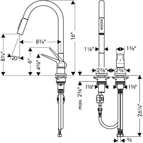 AXOR Citterio M kitchen faucet with curved spout, pull-down spray head, and dimension measurements shown.