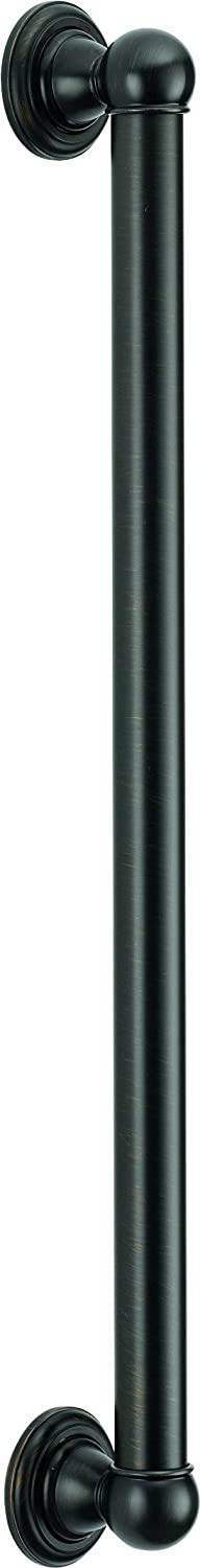 Black vertical grab bar with round knob handles at top and bottom and circular wall mounting flanges.
