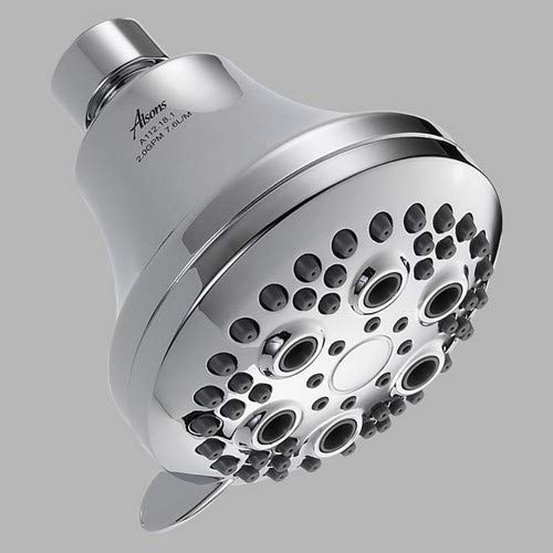 Chrome shower head with multiple spray nozzles and adjustable settings control ring.